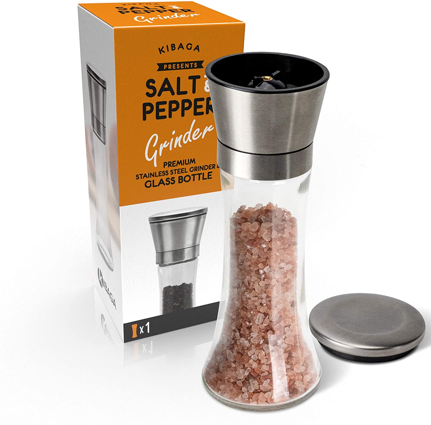 HOME EC Premium Stainless Steel Sea Salt and Pepper Grinder Set of 2 -  Adjustable Ceramic, Glass Salt and Pepper Shakers - Pepper Mill & Salt Mill