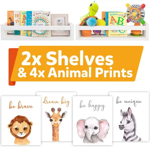 Beautiful Nursery Book Shelves with Cute Animal Prints Set for Kids Room